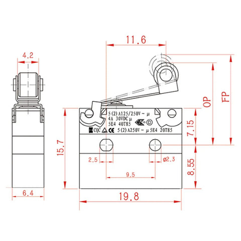 Technical drawing of Black Waterproof Micro Switch With Roller Lever IP67 Sealed Limit Switch dimensions and specifications.
