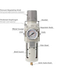 Front view of the Industrial Air Compressor Filter Regulator Combo 3/8 Inch NPT 0-150 PSI with Semi Auto Drain and 5 Micron Water Separator