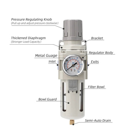 Front view of the Industrial Air Compressor Filter Regulator Combo 3/8 Inch NPT 0-150 PSI with Semi Auto Drain and 5 Micron Water Separator