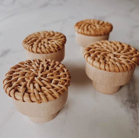 Six Piece Dope Boho Rattan Knobs For Dresser Drawers And Cabinets Handmade Wicker Woven Decorative Pulls In Caramel Color