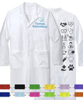 Custom Embroidered Lab Coat With Icons And Name Text, Unisex White Long Sleeve Medical Coat For Doctors Nurses Dentists, 65/35 Polyester Cotton Blend, color options shown