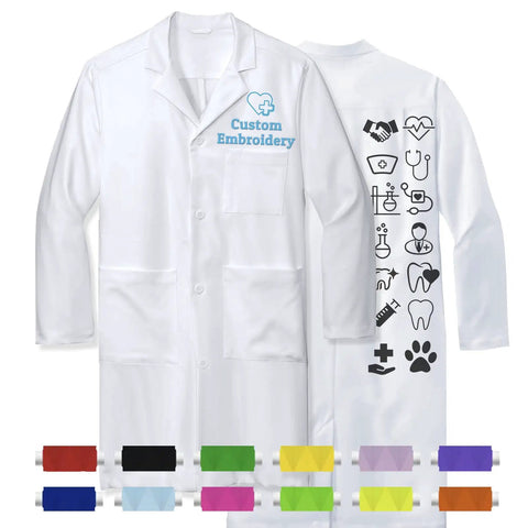 Custom Embroidered Lab Coat With Icons And Name Text, Unisex White Long Sleeve Medical Coat For Doctors Nurses Dentists, 65/35 Polyester Cotton Blend, color options shown