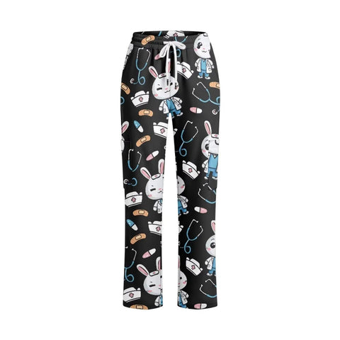 Plus Size Printed Nurse Scrub Pants For Women with cartoon design, machine washable, lightweight fabric for caregivers.