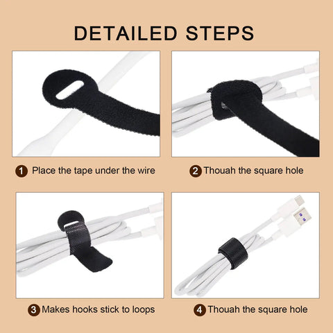 Detailed steps of using Reusable Cable Ties Organizer Set For Home Office And Tech Gear, Black Cable Straps, 6-Inch, 60 Pack