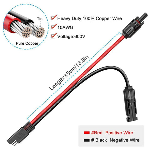 Beefy 10AWG SAE Solar Connector Cable Set with length shown, 100% copper wire, male and female connectors, 13.8in specification.