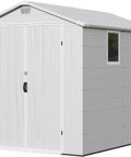 Resin Outdoor Storage Shed With Floor, Lockable Door And Window, Weather-Resistant 6X8 Ft Garden Shed, side angle view