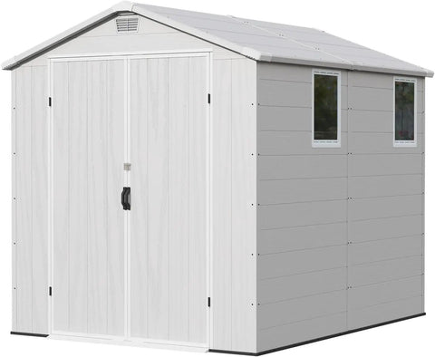 Resin Outdoor Storage Shed With Floor, Lockable Door And Window, Weather-Resistant 6X8 Ft Garden Shed, side angle view