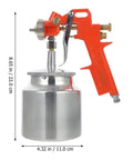 Heavy Duty Pneumatic Paint Sprayer Built Tough As Nails For Clean Smooth Automotive And Fence Coatings, silver metal body with orange trigger.