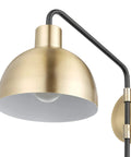 Vintage Industrial 1 Light Wall Sconce Plug In Or Hardwire With Antique Brass And Matte Black Accent Fabric Cord And In Line On Off Switch Cool Vintage Vibe Reading Light For Kitchen Or Bedroom Everyday Use, close-up of brass bowl shade and arm.