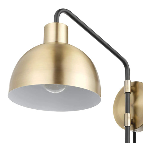 Vintage Industrial 1 Light Wall Sconce Plug In Or Hardwire With Antique Brass And Matte Black Accent Fabric Cord And In Line On Off Switch Cool Vintage Vibe Reading Light For Kitchen Or Bedroom Everyday Use, close-up of brass bowl shade and arm.