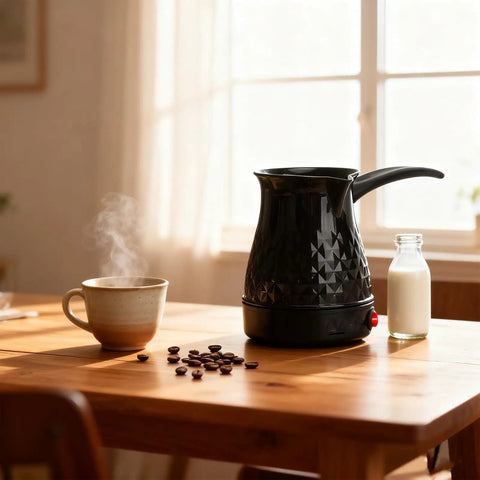 Go To Electric Coffee Maker 600ml Portable Stainless Steel Pot with anti-scald protection on wooden table with cup and milk bottle.