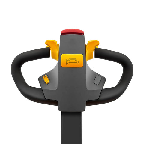 Control panel of No Sweat Full Electric Stacker Forklift, featuring buttons and ergonomic design for smooth operator performance.