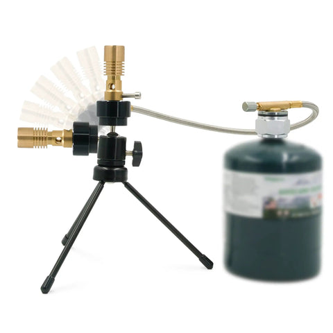 Propane Bunsen Burner With Adjustable Height, Universal Head For Fixed Angle Heating, shown with 13.7 inch hose and tank