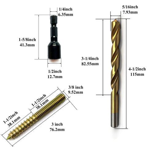 Heavy Duty Hanger Bolts Kit With Alloy Driver And HSS Twist Drill Included, 12 Pack Self Tapping Wood Fasteners dimensions