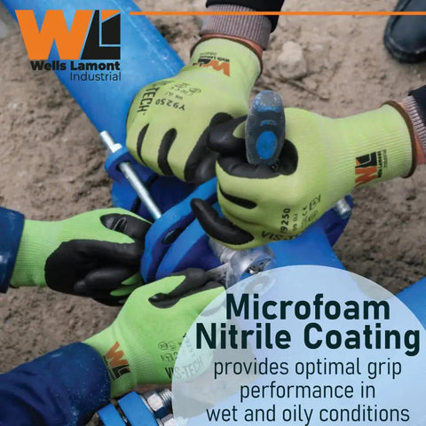 Industrial Cut Resistant Gloves With Microfoam Nitrile Palm ANSI A6 18G Ultra Light Liner Touchscreen Compatible Hi Vis Neon Green X Large 12 Pair Pack For Wet Dry And Oily Grips On Heavy Duty Jobs used in pipe installation.