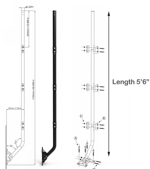 Diagram of Adjustable Outdoor Antenna Mounting Pole With 1.25 Inch Diameter And 66 Inch Arm, installation details shown.