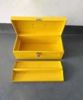 Yellow 16 Inch Heavy Duty Tool Box Organizer With Metal Latch And Handle Beefy Metal Toolbox For Home Garage And Workshop Storage Corrosion Resistant Steel Construction Durable Tackle Box Alternative open with lid