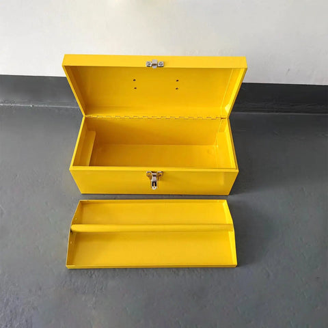 Yellow 16 Inch Heavy Duty Tool Box Organizer With Metal Latch And Handle Beefy Metal Toolbox For Home Garage And Workshop Storage Corrosion Resistant Steel Construction Durable Tackle Box Alternative open with lid