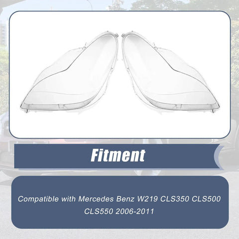 Mercedes Benz W219 CLS headlight covers two piece front left and right set with crystal clear lens shells for easy install