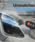 Phone with Bombproof ClearTouch ImpactShield, key protection demo, showing scratch-resistant flexible film on display.