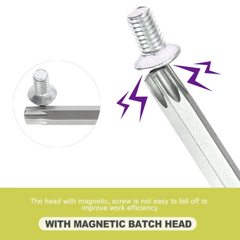 Heavy Duty Magnetic Security Star Bit Set And Top Drawer S2 Steel Screwdriver Bits For T6 To T40 Tamper Proof Torx Drivers With Quarter Inch Hex Shank Delivering No Sweat Impact Drill Fastening Power showing magnetic screw head and bit.