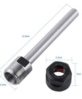 Collet Chuck Holder with Straight Shank for CNC Milling, showing dimensions, heavy-duty metal construction, black clamping nut.
