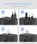Global Travel Power Adapter With 4 USB Ports And 160 Country Coverage showing EU, UK, US, AUS plug options.