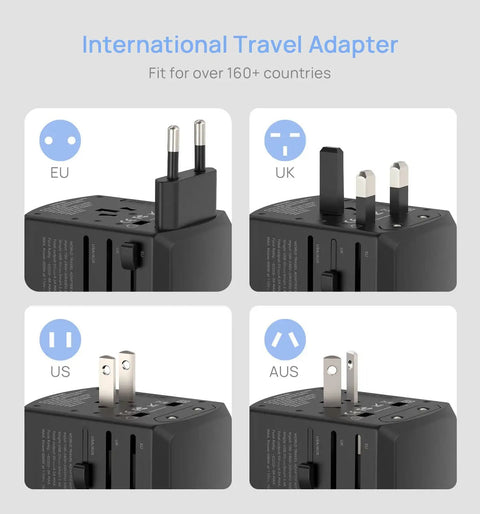 Global Travel Power Adapter With 4 USB Ports And 160 Country Coverage showing EU, UK, US, AUS plug options.