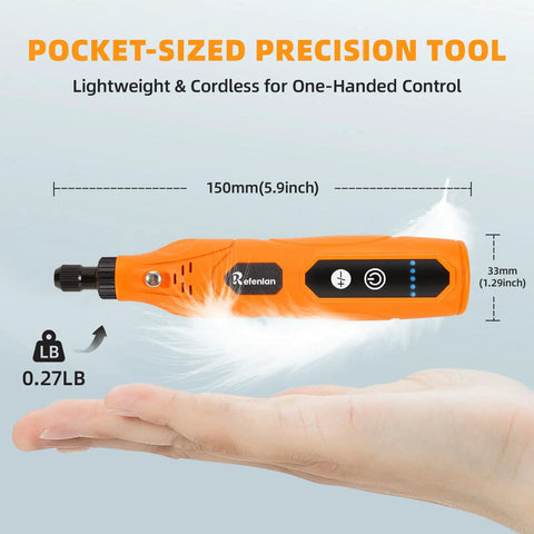 Nitty Gritty Mini Cordless Rotary Tool, 18000 RPM, pocket-sized in hand for one-handed control, lightweight design.