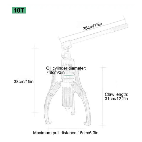 Badass Heavy Duty Hydraulic Bearing Puller For Yanking Stubborn Bearings And Gears Built Tough, 10T capacity, with adjustable claw, detailed measurements.