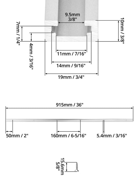 Aluminum T Track 36 Inch 4 Pack Universal Double Cut Profile With detailed measurements and dimensions for woodworking applications.