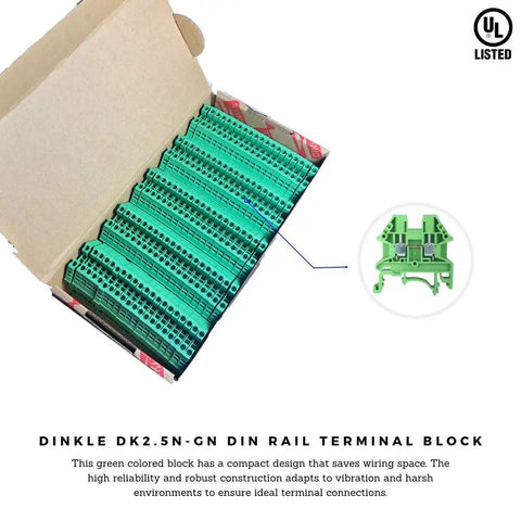 Green DK2.5N-GN DIN Rail Terminal Block Screw Type UL 600V 20A 12-22AWG Pack Of 100 shown in packaging