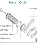 Heavy Duty Zinc Alloy Cam Locks For Cabinet Drawers And Rv Storage, Keyed Alike Two Piece Set With Matching Keys, 1-3/8 Inch Cylinder Fits Panels Up To 1-1/8 Inch Thick, Built Like A Tank For Daily Grind, installation parts overview.