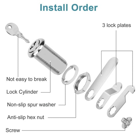 Heavy Duty Zinc Alloy Cam Locks For Cabinet Drawers And Rv Storage, Keyed Alike Two Piece Set With Matching Keys, 1-3/8 Inch Cylinder Fits Panels Up To 1-1/8 Inch Thick, Built Like A Tank For Daily Grind, installation parts overview.