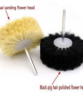 Sisal And Pig Hair Polishing Brush Wheel That Flips The Switch On Rotary Drill featuring sisal and black pig hair heads for polishing.