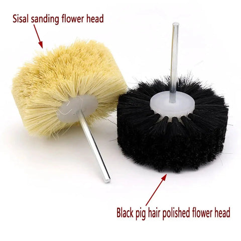 Sisal And Pig Hair Polishing Brush Wheel That Flips The Switch On Rotary Drill featuring sisal and black pig hair heads for polishing.