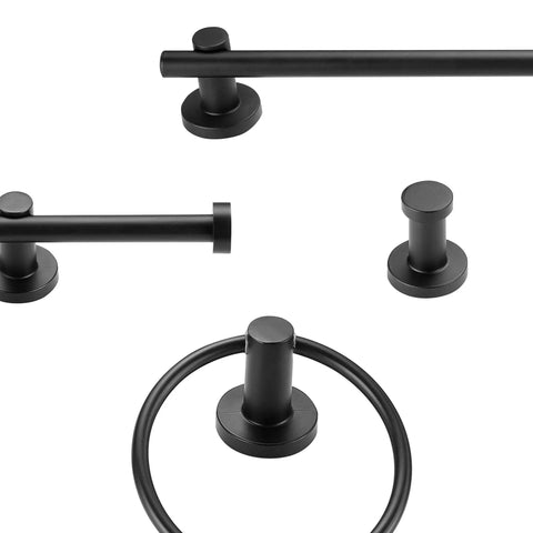 Five Piece Matte Black Bathroom Accessory Set With A 24 Inch Three Light Vanity Fixture E26 Base Towel Bar Towel Ring Robe Hook And Toilet Paper Holder For A Clean Boss Industrial Vibe In Your Bath, showing industrial matte black towel bar, robe hook, and towel ring.
