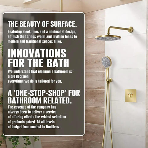 Brushed Gold Shower System With 12 Inch High Pressure Shower Head And 3 Setting Handheld Combo, Hidden Install, 59 Inch Hose