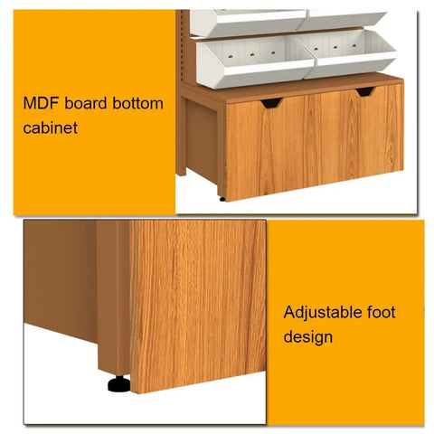 Badass 5 Tier Storage Rack, Double Sided Industrial Metal Shelving Unit With Wood Finish Cabinet, showing MDF board cabinet and adjustable feet.