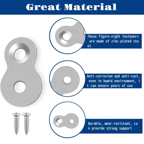 Heavy Duty Figure 8 Fasteners Set With Screws For Desk And Table Top Connectors, 12 gauge zinc plated steel, close-up details