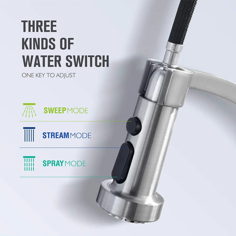 Pull Down Sprayer Kitchen Faucet With Single Handle In Brushed Nickel Finish, high arc gooseneck spout showing three water modes