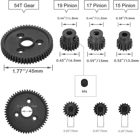 Traxxas Compatible RC Metal Spur Gear Set 54T 32P with 15T 17T 19T Pinions and coupler dimensions