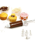 Cupcake Injector And Decorating Icing Kit, Nine Piece Stainless Steel Set With Multicolor Tips, shown with cupcakes and tips