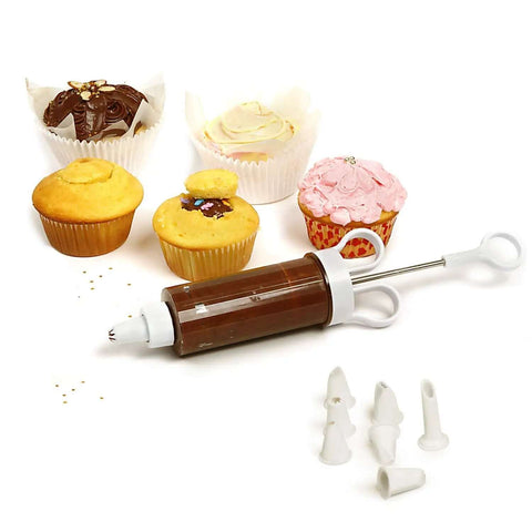 Cupcake Injector And Decorating Icing Kit, Nine Piece Stainless Steel Set With Multicolor Tips, shown with cupcakes and tips
