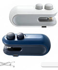 Rechargeable 2 In 1 Mini Bag Sealer With Cutter And Magnetic Strip in white and blue, USB cable shown, for sealing leftovers and snacks.