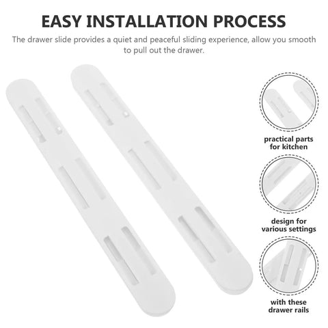Two Pack Silent Drawer Slides For Kitchen And Bathroom Cabinets, multi functional plastic glides shown in easy install design.