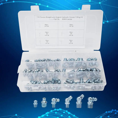 Grease Fittings Kit 110 Pcs Zinc Iron 45 Degree And 90 Degree Nipples Nozzles And Tips For Heavy Duty Machinery Bearings And Engineering Equipment For The Shop Easy Install Lubrication Nipples For Maintenance And Quick Service. Displayed in plastic case.