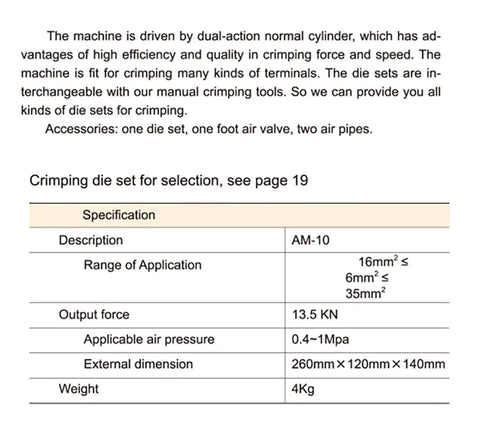 Top Rated AM-10 Electric Pneumatic Terminal Crimping Machine With 9 Precision Dies technical specifications and dimensions.