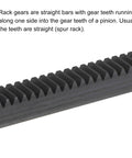 Gear Rack 1 Mod 10x10mm x 1000mm Straight Linear Spur Rack In 45 Steel with close-up view of straight gear teeth and hardness