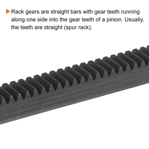 Gear Rack 1 Mod 10x10mm x 1000mm Straight Linear Spur Rack In 45 Steel with close-up view of straight gear teeth and hardness